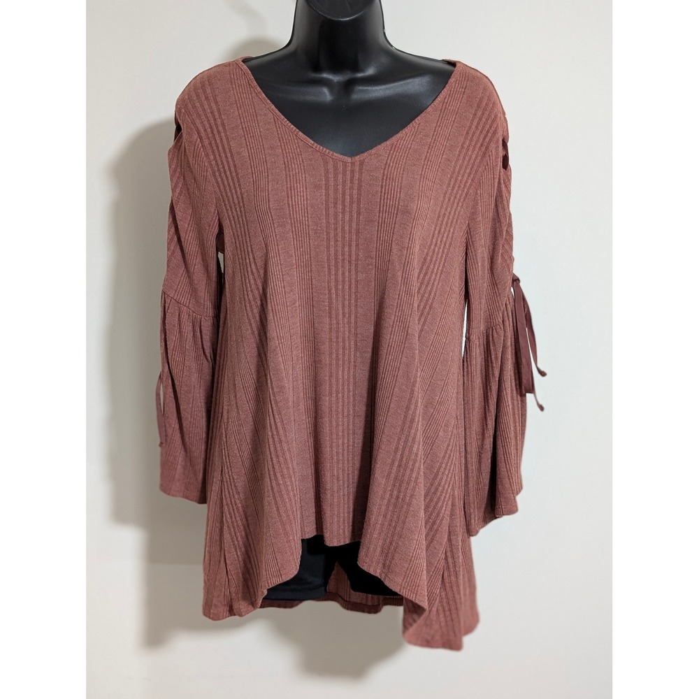 Knox Rose Tunic Top Bell Sleeve Tie Detail Ribbed V Neck Casual Size Medium